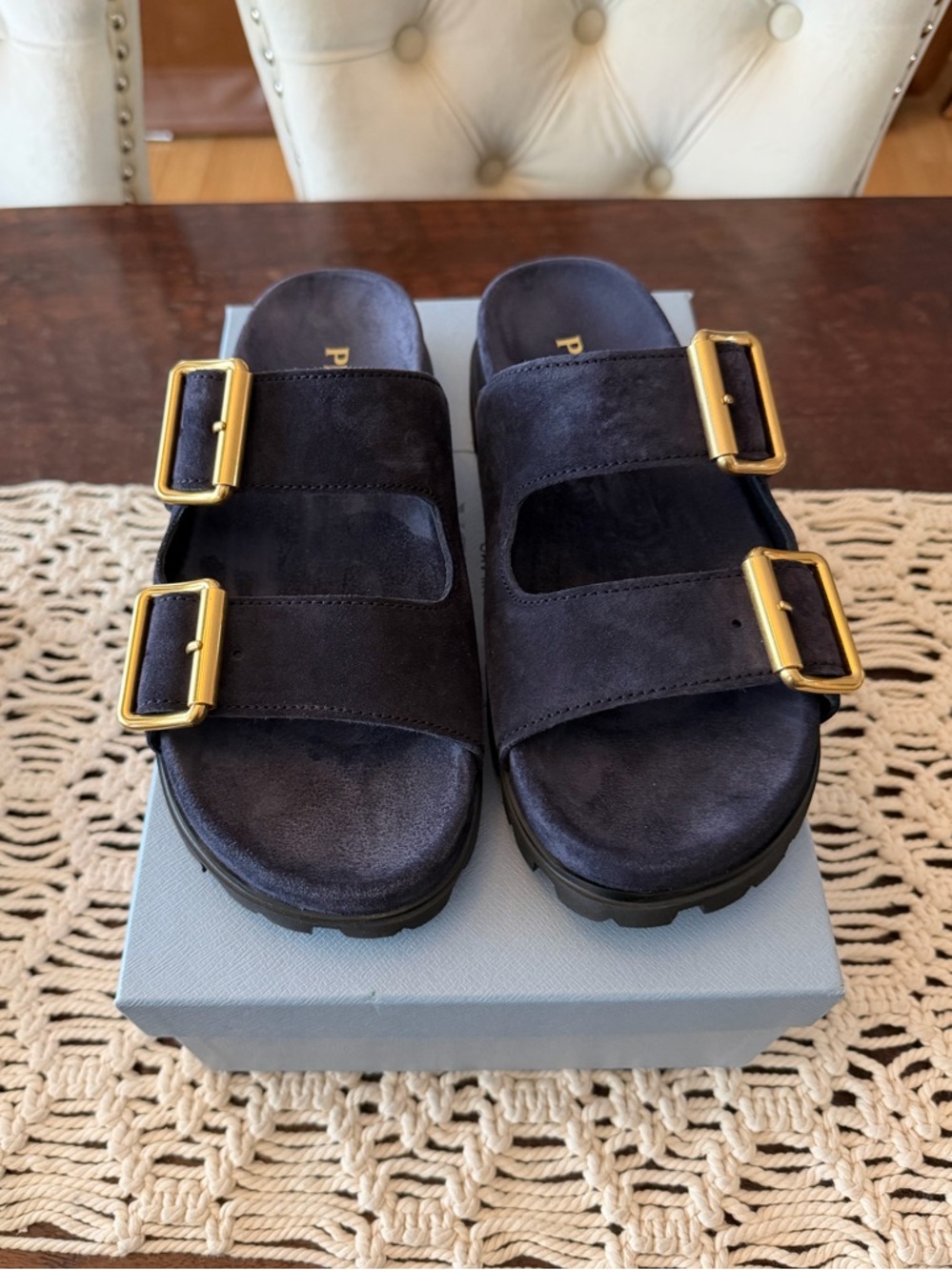 Prada Suede Double Buckle Slide Sandals - Size 39 (9) - Blue - New in Box - Picture 2 of 6